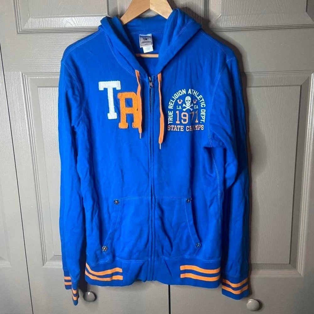 True Religion Mens Blue Zip Up Hoodie Size M Athletic Dept Skull Graphic Y2K